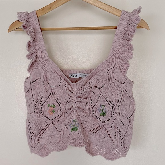 Zara Pink Crochet Crop Top with Floral Embroidery Size Medium - Picture 7 of 10